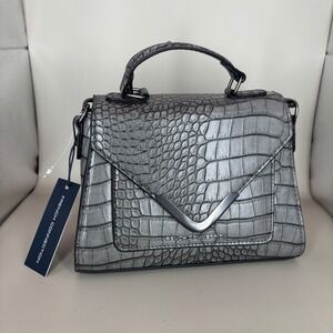 French Connection Metallic Croc Embossed Structured Top Handle Crossbody Purse